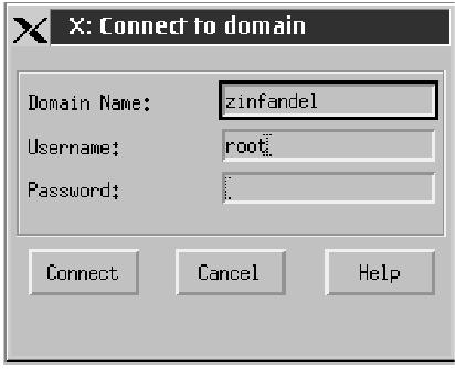 Connect to domain window. You must enter a domain name, and a username and password to begin establishing the connection.