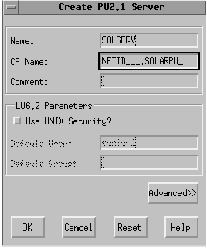 Create PU2.1 Server window. Instructions on entering information in the window are given in the text following this figure.
