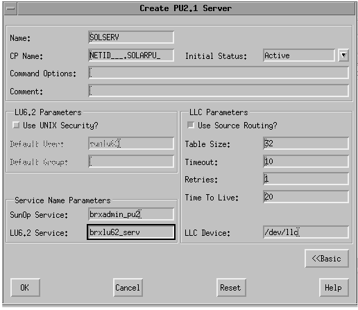 Create PU2.1 Server window (advanced). Instructions on entering information in the window are given in the text following this figure.