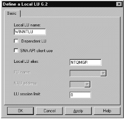 The Define a Local LU 6.2 window. Instructions on using the window follow this figure.