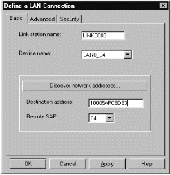 The Define a LAN Connection property sheet (Basic page). Instructions on using the sheet follow this figure.