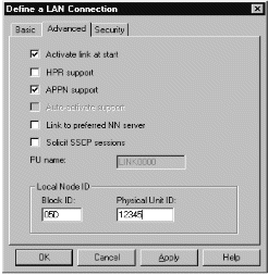 The Define a LAN Connection property sheet (Advanced page). Instructions on using the sheet follow this figure.