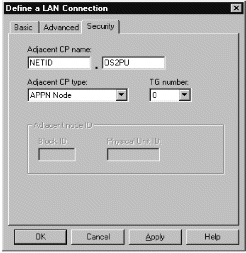The Define a LAN Connection property sheet (Security page). Instructions on using the sheet follow this figure.