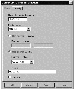 The Define a CPI-C Side Information property sheet. Instructions on using the sheet follow this figure.