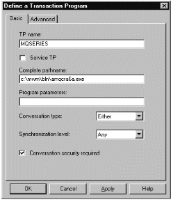 The Define a Transaction Program property sheet. Instructions on using the sheet follow this figure.