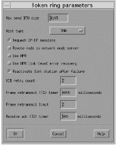 Token ring parameters window. Follow the instructions given in the text after this diagram for details on using the window.