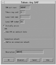 Token ring SAP window. Follow the instructions given in the text after this diagram for details on using the window.