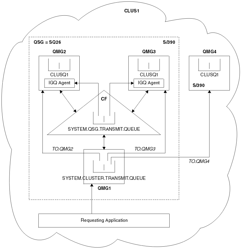 An example of clustering with intra-group queuing. Refer to the text following the figure for details of the structure and components of the cluster shown.