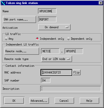 The Token-ring link station definition panel. The instructions that follow explain how to use this panel.