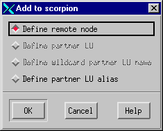 Adding a remote system. The panel contains the following options: Define remote node, Define partner LU, Define wildcard partner LU name, and Define partner LU alias.