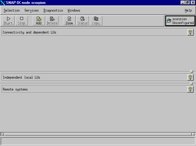 The SNAP-IX main menu. It contains the menu items and options that you need to select to establish the session. The menus at the top of the screen are: Selection, Services, Diagnostics, and Windows. The main window contains three elements that you can select as part of the configuration: Connectivity and dependent LUs, Independent Local LUs, and Remote Systems. The instructions and panels following this figure guide you through the configuration process.