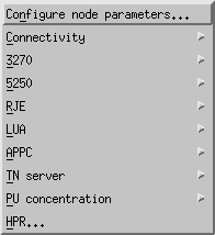 The services pull-down from the SNAP-IX main menu. The services pull-down lists the following options: Configure node parameters, Connectivity, 3270, 5250, RJE, LUA, APPC, TN server, PU concentration, and HPR. The instructions that follow guide you through the next step of the process.