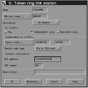 The Token-ring link station definition panel. Instructions for using the panel are given in the text following this figure.